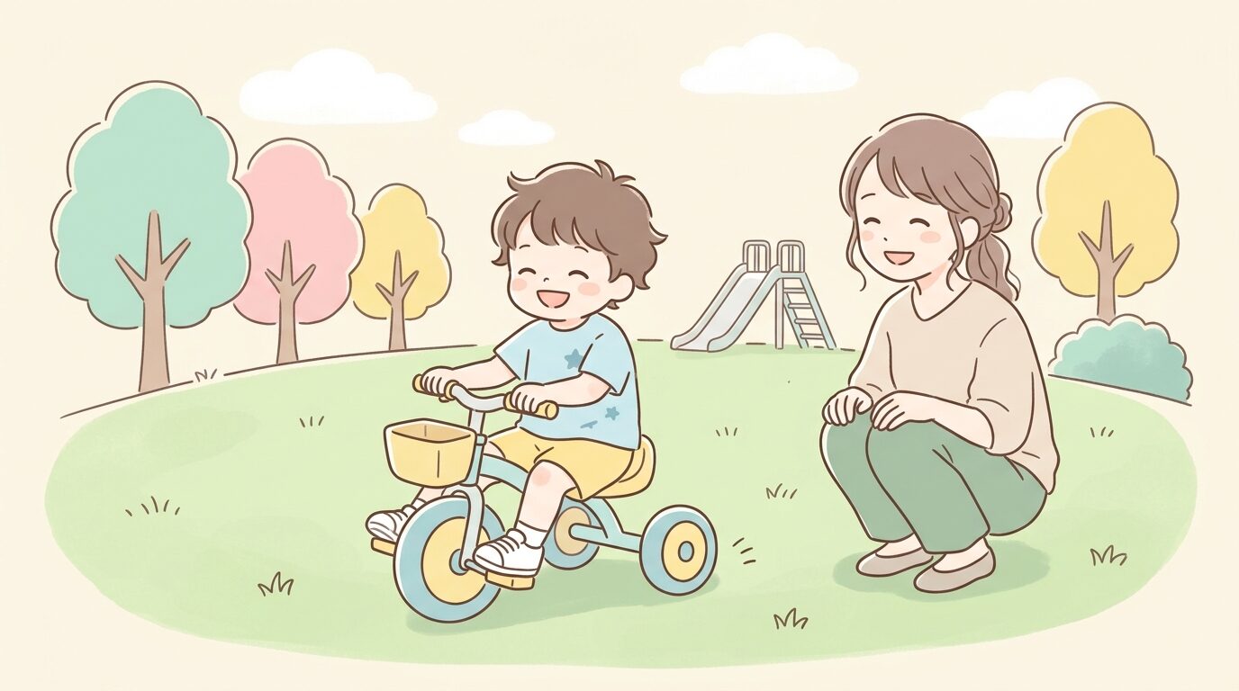 公園の芝生で三輪車に乗って楽しそうに笑う3歳くらいの子どもと、隣で見守る母親