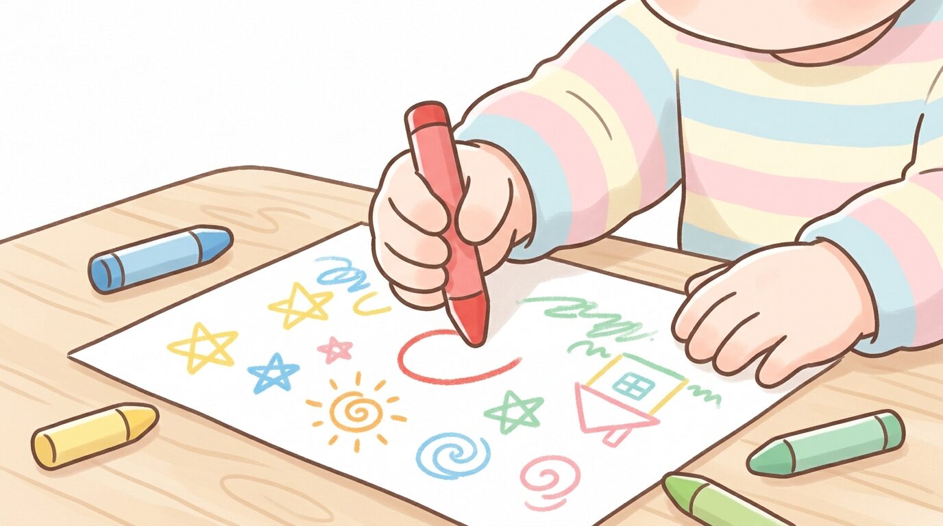 テーブルの上でクレヨンを持ちお絵描きに集中する3歳児の手元アップ