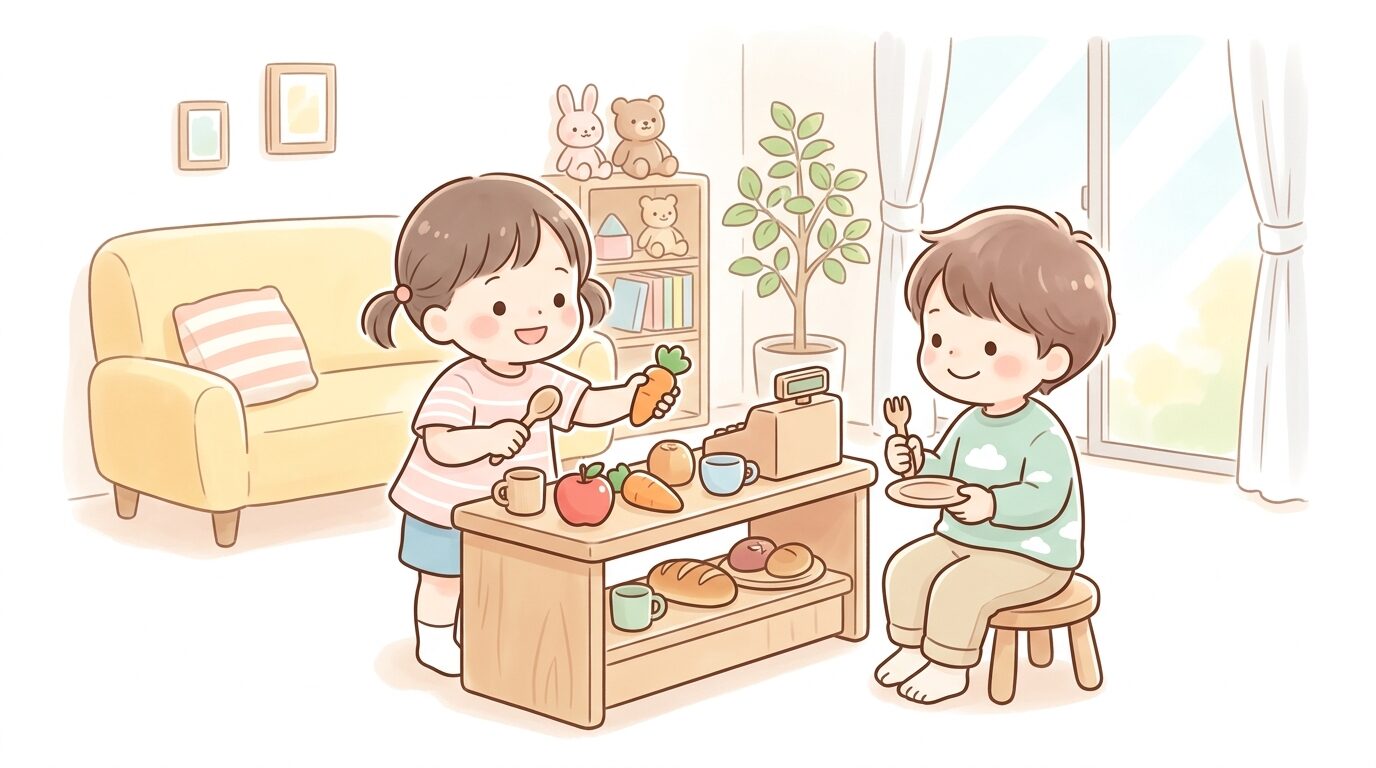 リビングでおままごとセットを使い、店員役とお客さん役に分かれて遊ぶ子どもたちの様子