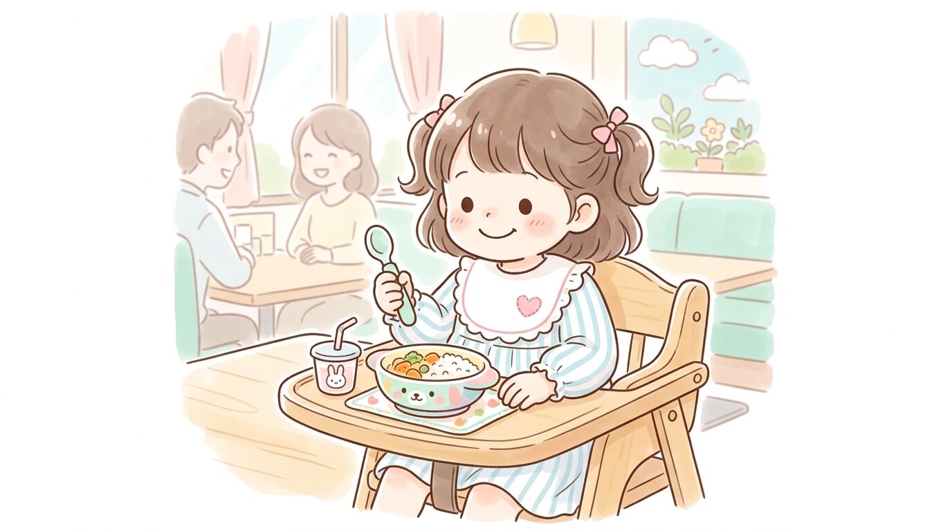 明るいファミリーレストランの店内で、3歳くらいの女の子がキッズチェアに座り笑顔でスプーンを持っている様子