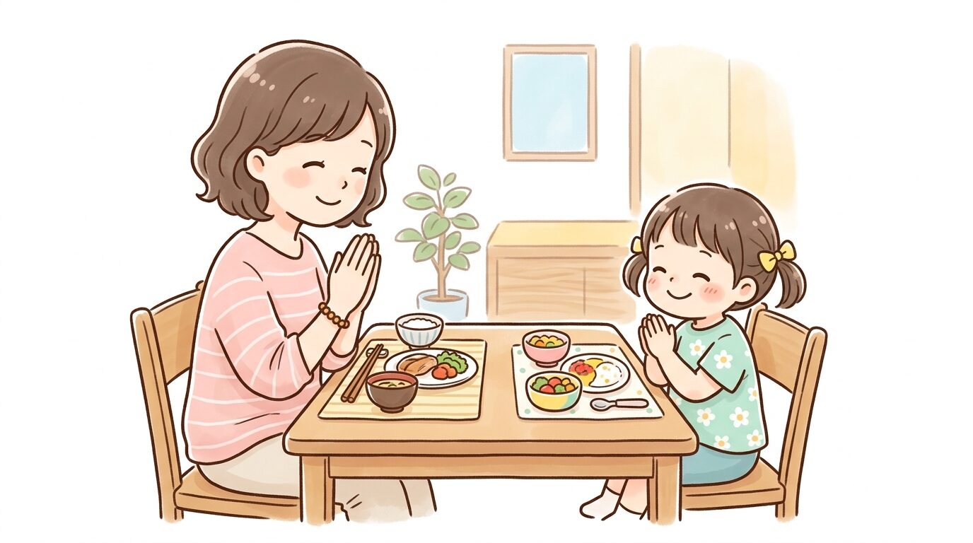 ダイニングテーブルで親子が向かい合い、両手を合わせて「いただきます」をしている温かい家庭のワンシーン