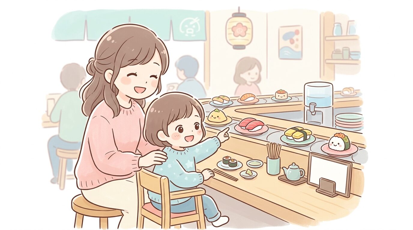 回転寿司店のカウンター席で、親子がレーンの寿司を楽しそうに眺めている様子