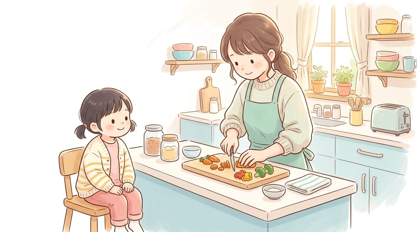 キッチンで小さな野菜を切る手元と、隣で椅子に座って見守る3歳くらいの子ども、明るい自然光が差し込む家庭的な雰囲気
