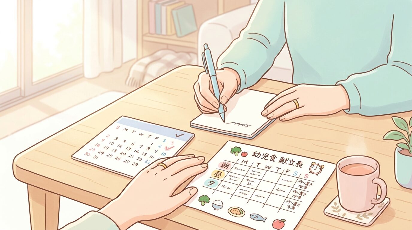 リビングのテーブルで幼児食の献立表とカレンダーを見ながらメモを取る親の手元、あたたかい午後の光