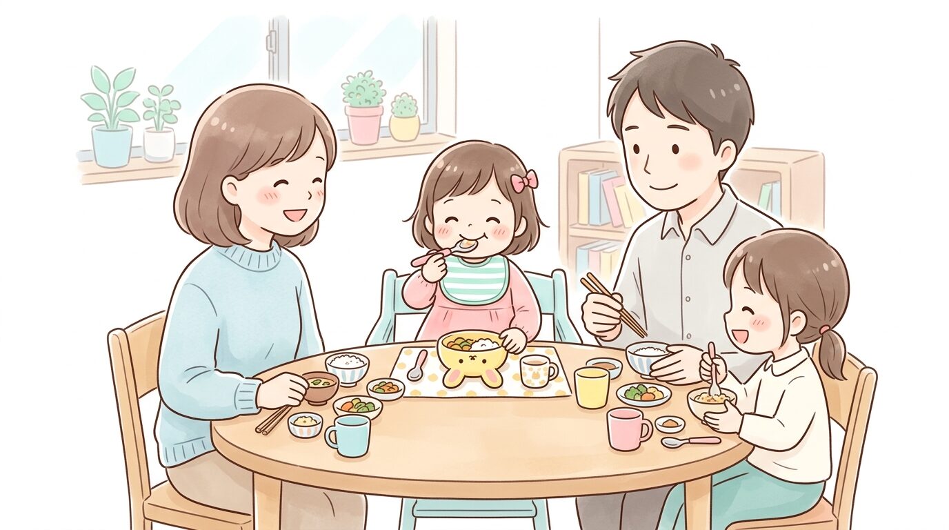 家族4人でダイニングテーブルを囲み、3歳くらいの女の子が笑顔でスプーンを持って食事をしている温かい様子