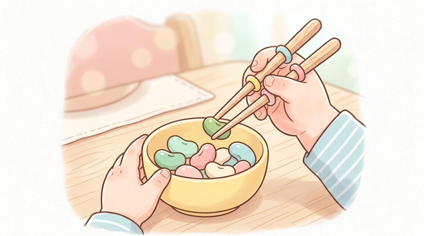 木製のトレーニング箸で豆の形をしたおもちゃをつまむ練習をする3歳児の手元アップ