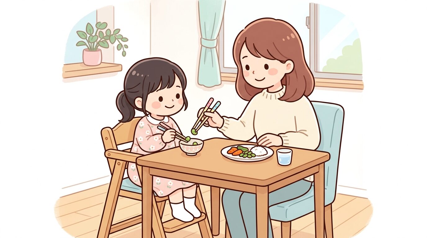 リビングのダイニングチェアに座り、お母さんに見守られながら安全に箸の練習をしている親子の様子