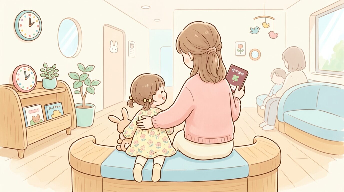 明るい保健センターの待合室で母子手帳を手に順番を待つ親子の後ろ姿