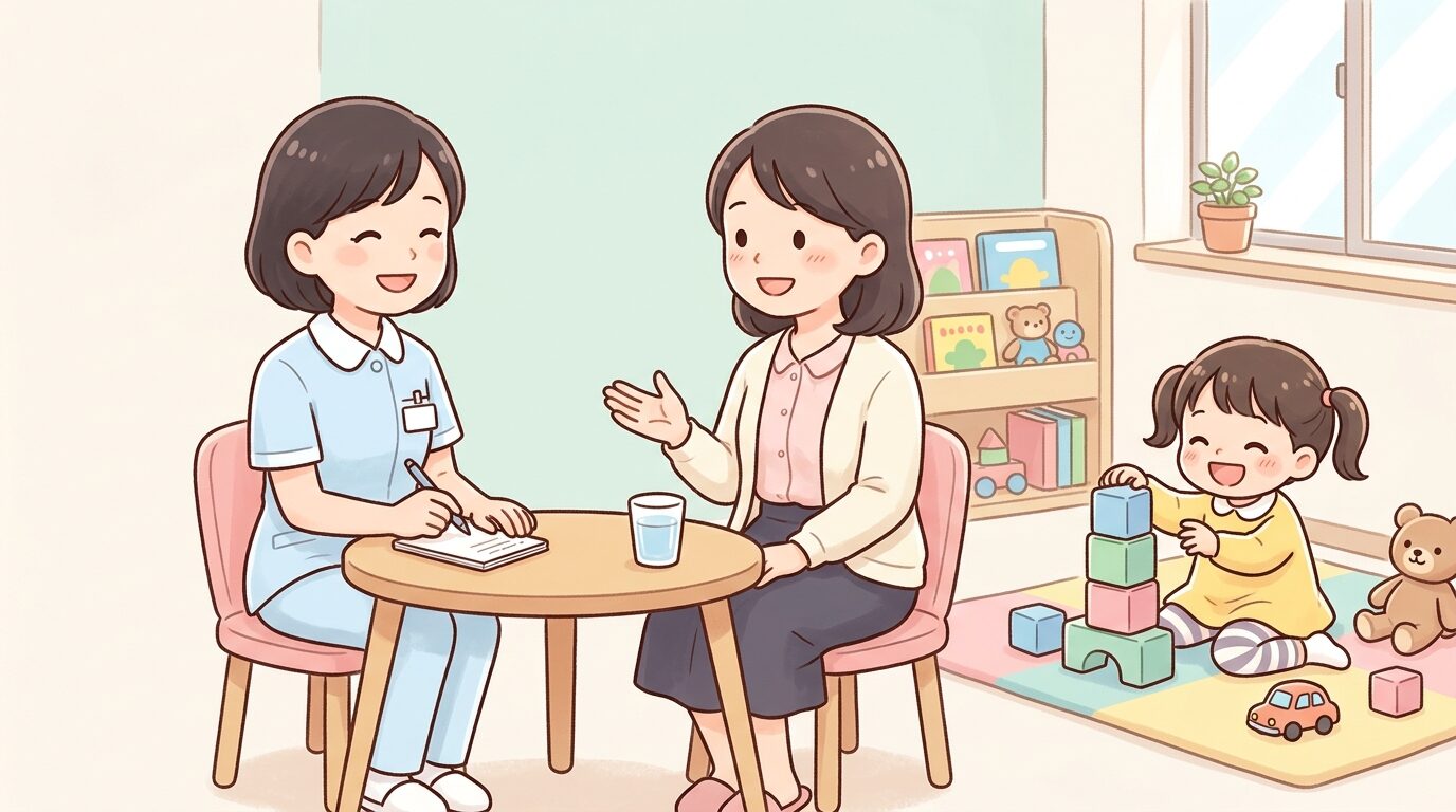 保健師と向き合って笑顔で会話をする母親と、そばで遊ぶ3歳くらいの子ども