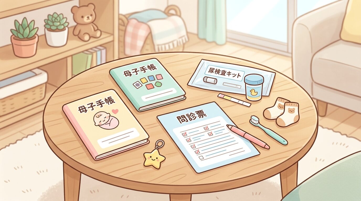 リビングのテーブルに広げられた母子手帳・問診票・尿検査キットなど健診の持ち物一式