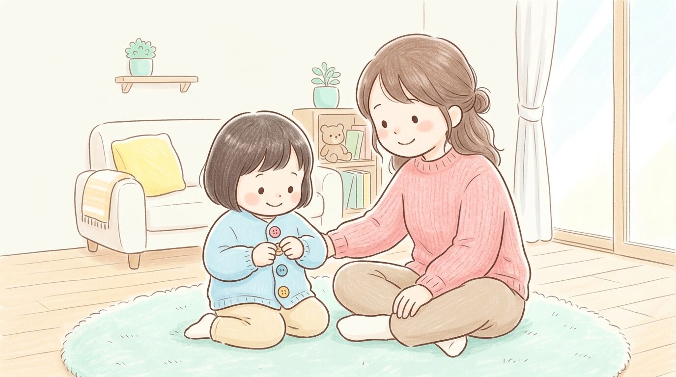 リビングで大きなボタンの服を着て練習する3歳くらいの子どもと、隣で優しく見守る母親