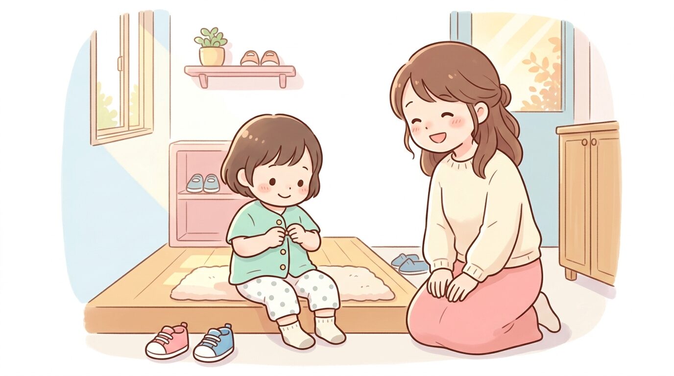 朝の玄関先で子どもの着替えを笑顔で見守る親、柔らかい光が差し込む温かい雰囲気