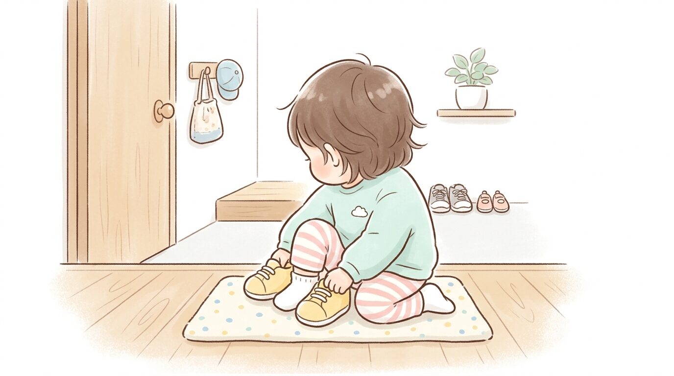 玄関で靴を手に取り自分で履こうとする3歳くらいの子どもの後ろ姿