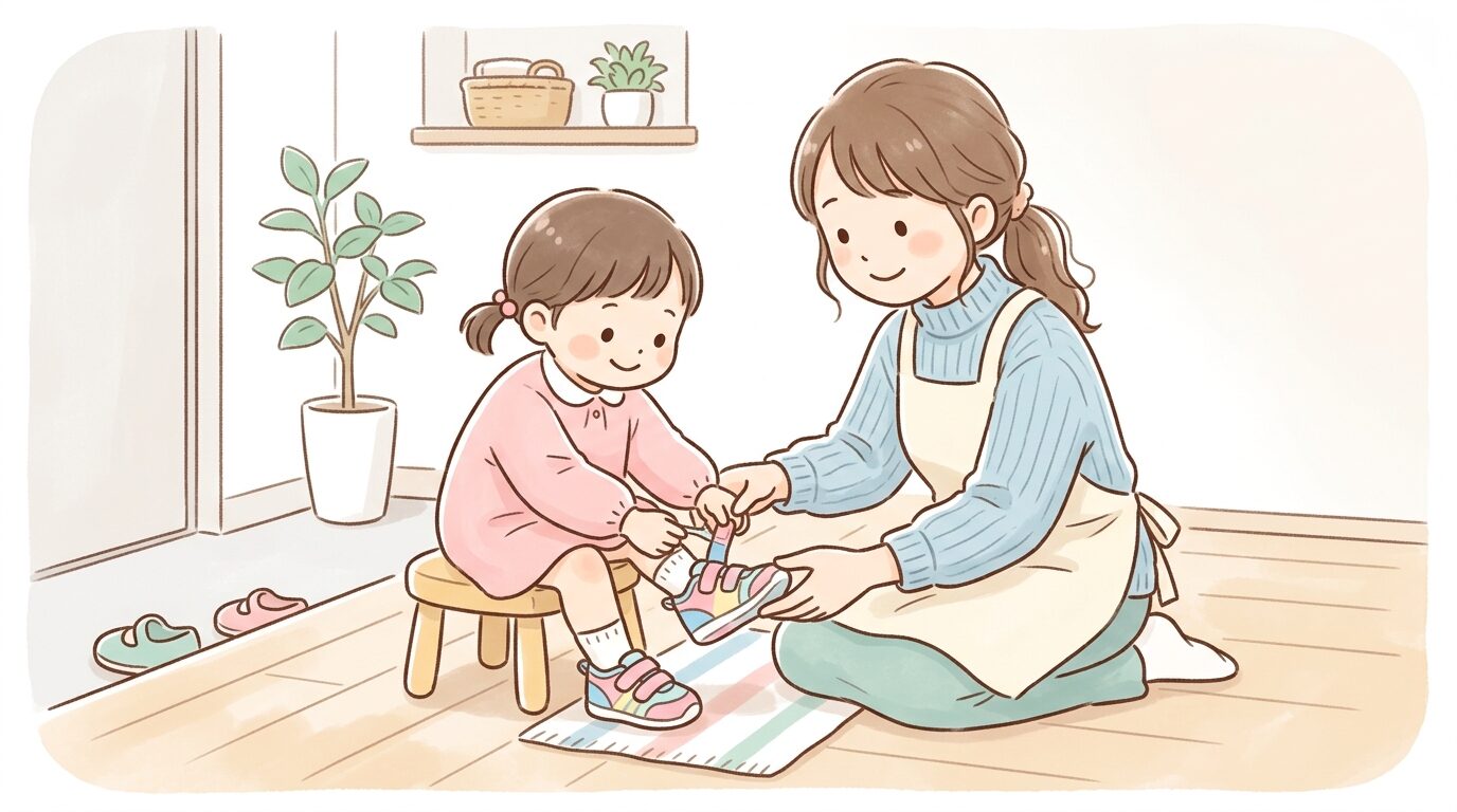 親が優しく手を添えて子どもが靴のマジックテープを留める練習をする様子