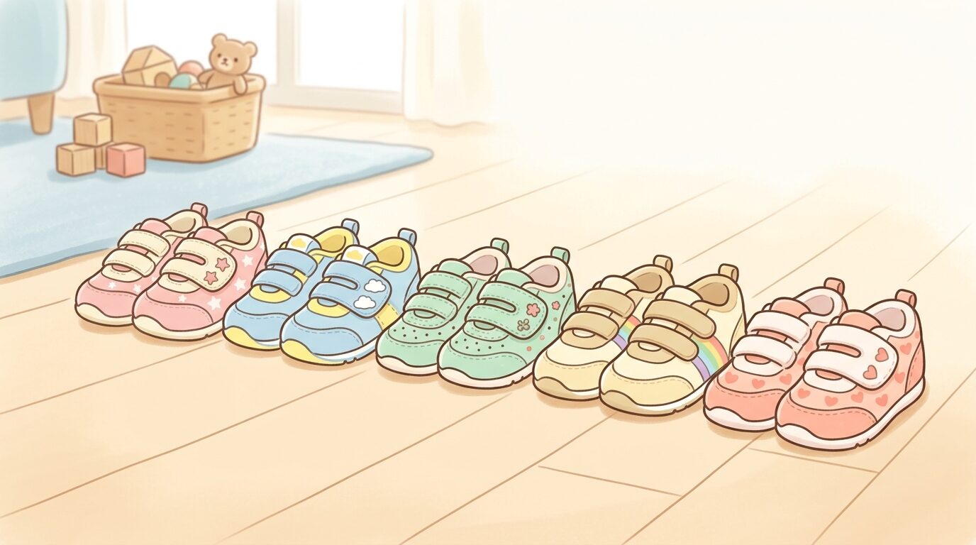 リビングの床に並べられたマジックテープ付きの子ども用スニーカー数種類