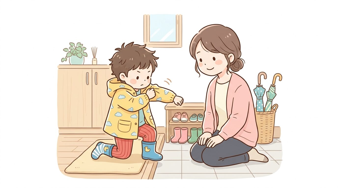 玄関でレインコートを自分で着ようとする3歳くらいの子どもと、それを笑顔で見守る母親