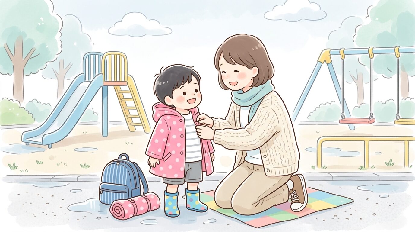 公園の遊具の前でレインコートを脱がせてもらっている子どもと、優しく声をかける保護者