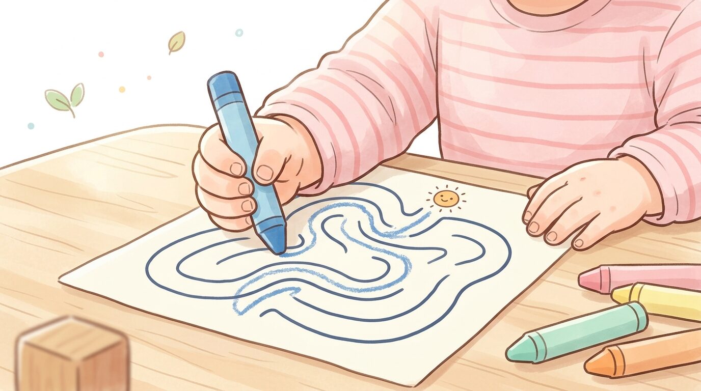 クレヨンを握って楽しそうに迷路プリントに取り組む3歳くらいの子どもの手元