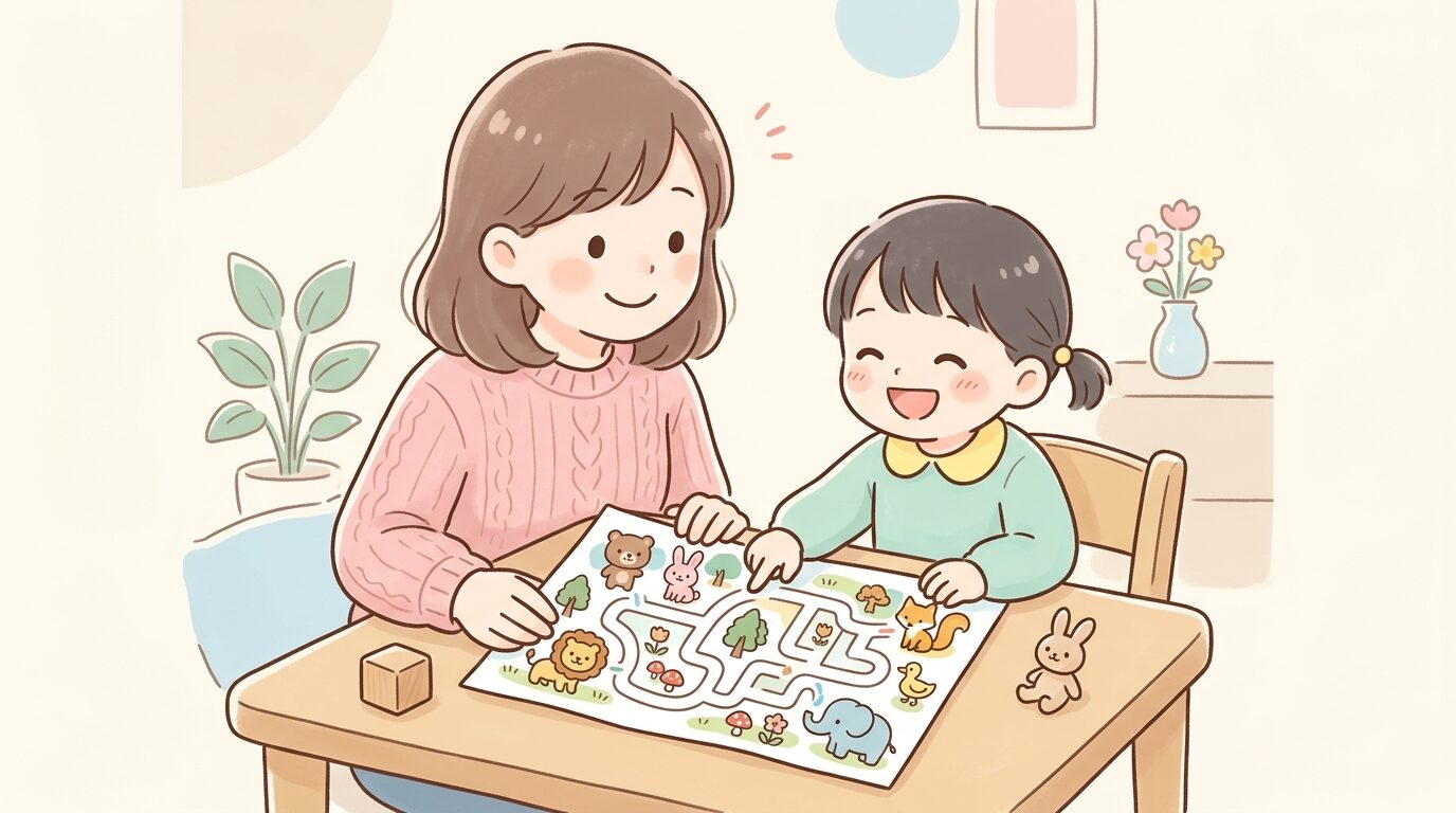 動物のイラストが描かれた迷路プリントを親子で覗き込みながら笑顔で会話する様子