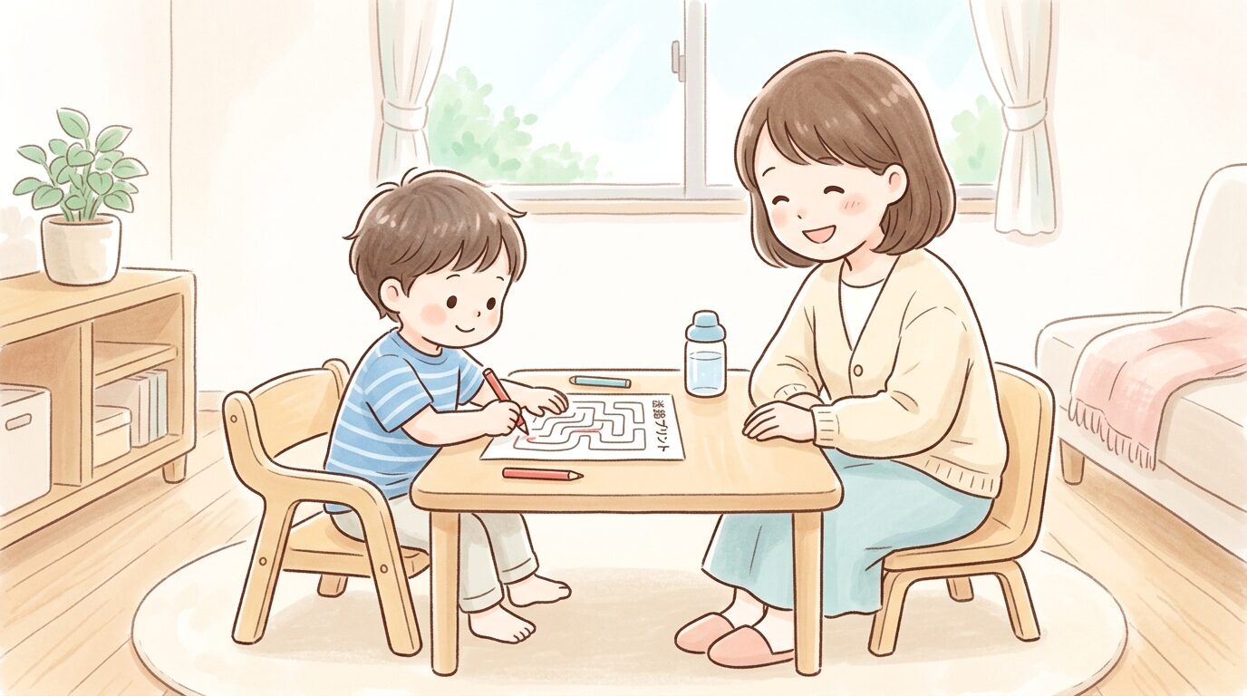 明るいリビングで椅子に座り正しい姿勢で迷路プリントに取り組む幼児と見守る親