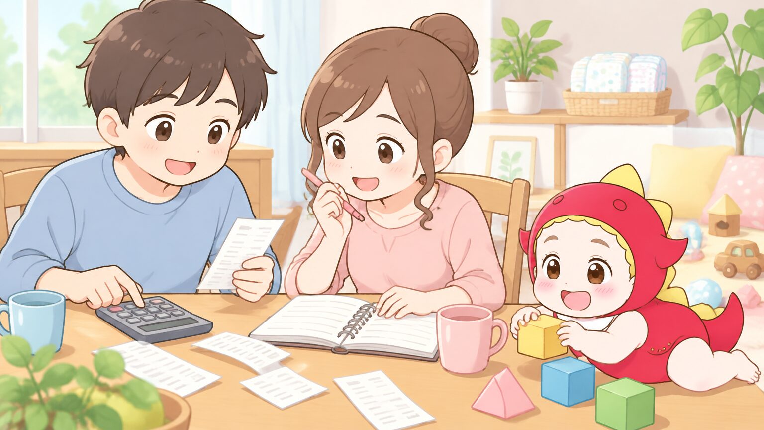 ダイニングテーブルで電卓とレシートを見ながら、おむつの費用を家計簿にまとめる夫婦と、そばで遊ぶ赤ちゃん