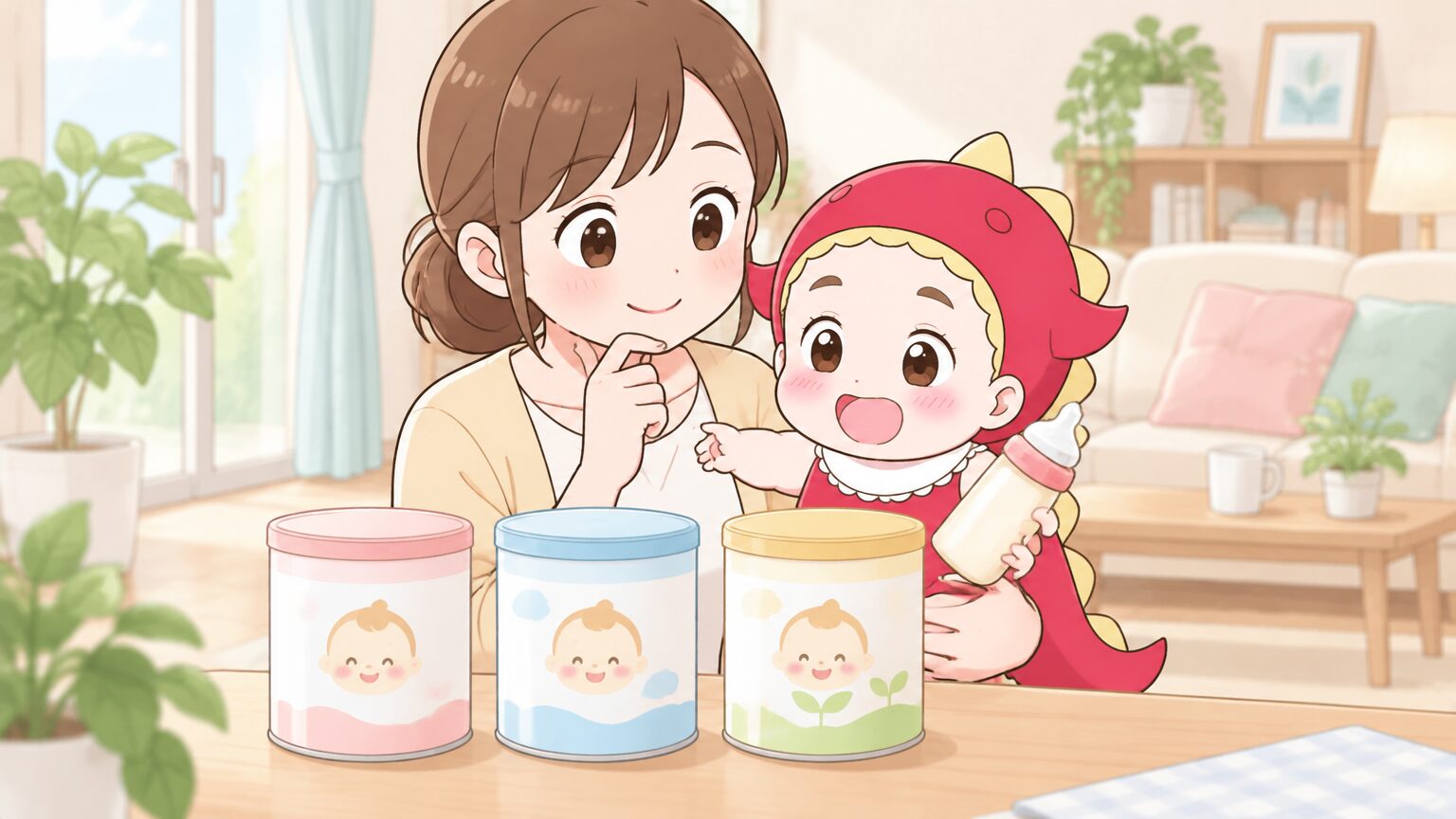 明るいリビングで、ママが哺乳瓶を手に赤ちゃんを抱きながら、テーブルに並べた3種類の粉ミルク缶を見比べている様子