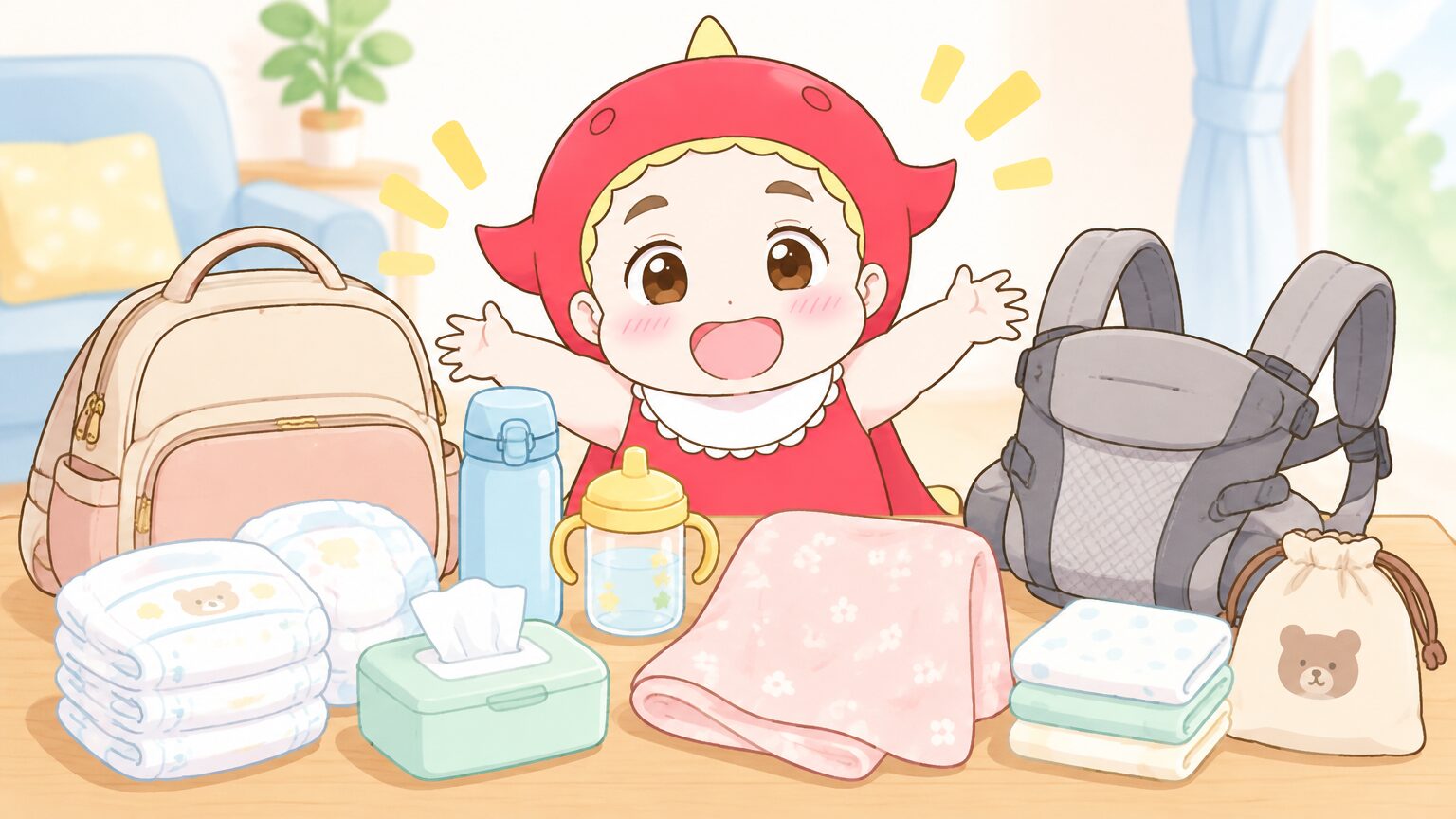 授乳ケープ、おむつ、飲み物、抱っこひもなど、科学館へ行く子連れの持ち物をテーブルに並べた様子