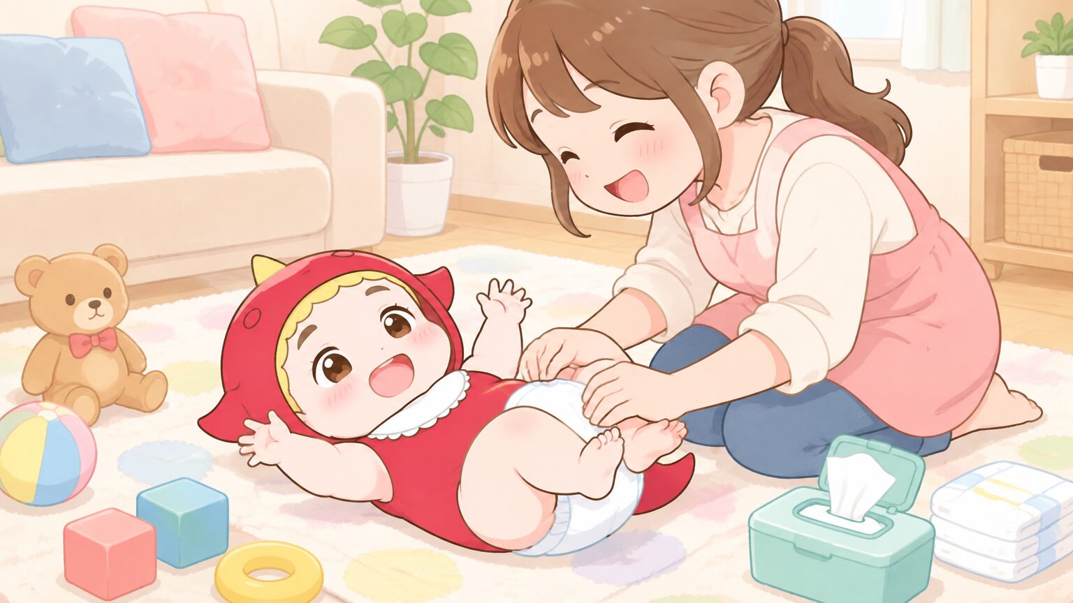 リビングのマットの上で、笑顔の母親が仰向けの赤ちゃんに話しかけながらおむつを替えている様子。そばにおもちゃとおしりふきが置かれている
