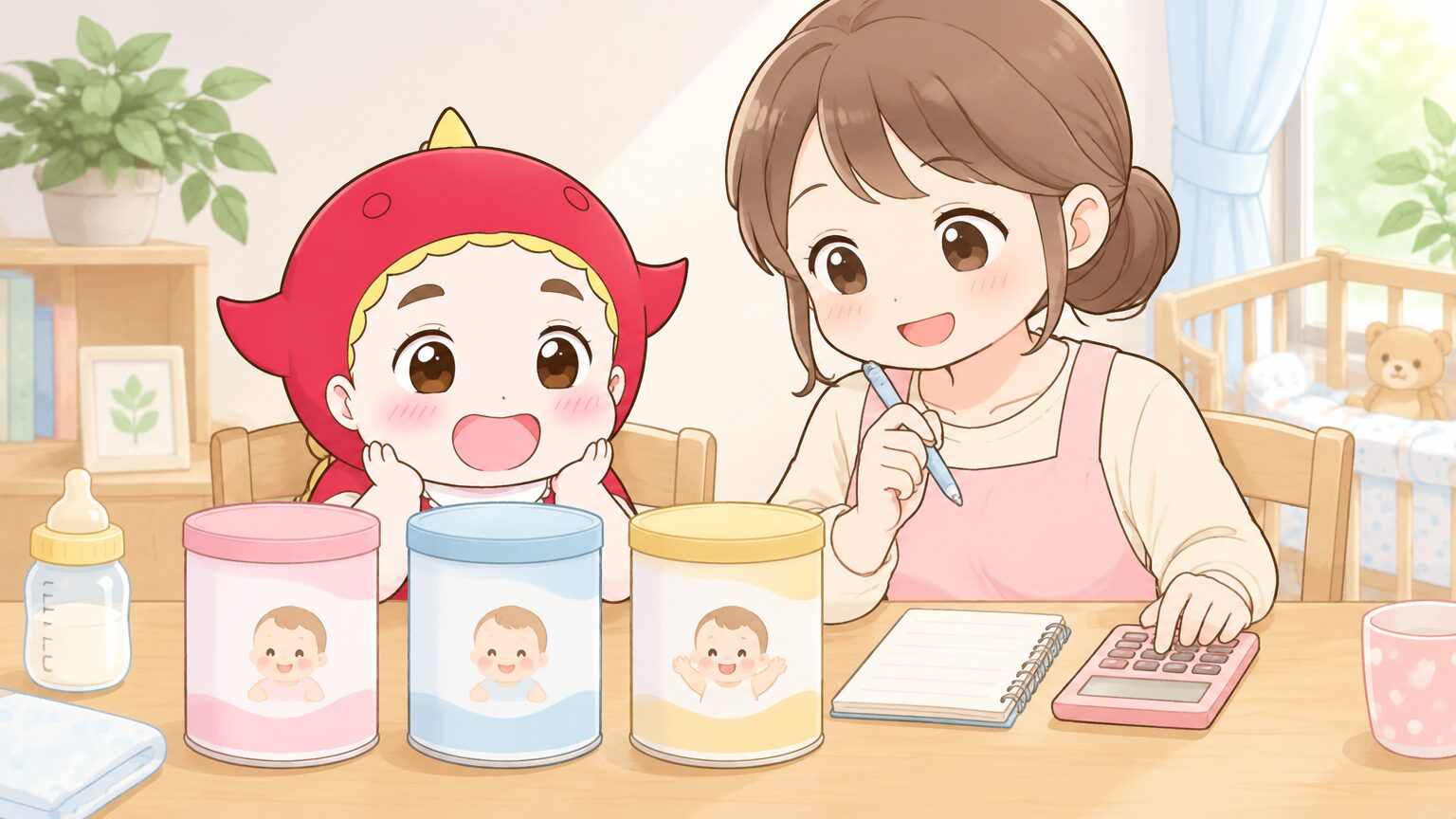 食卓の上に3社の粉ミルクの缶が並び、ママが電卓とメモを見ながら1回あたりの費用を計算している様子