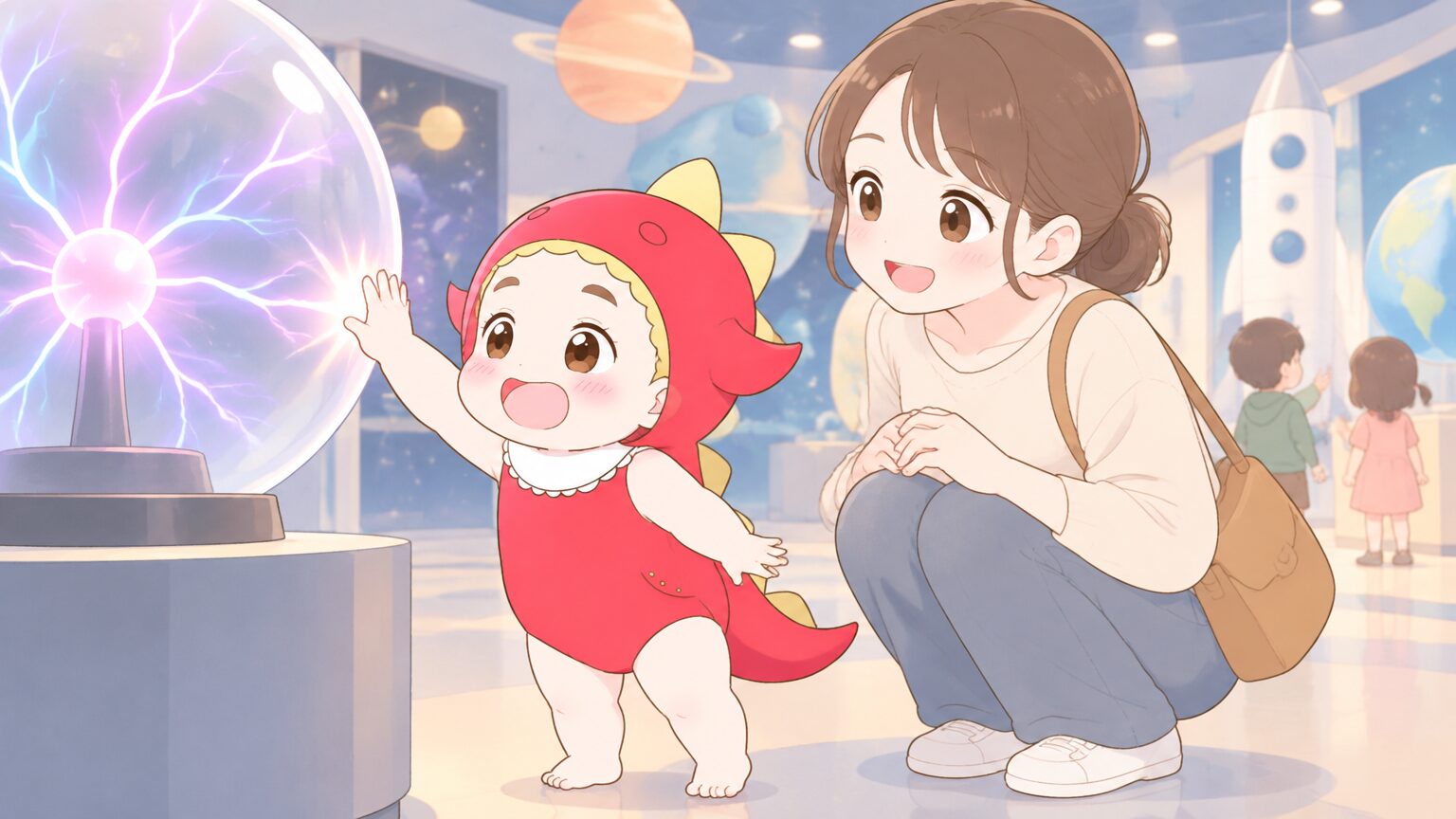 大阪市立科学館の展示場で光る展示に手を伸ばす1歳児と見守る母親