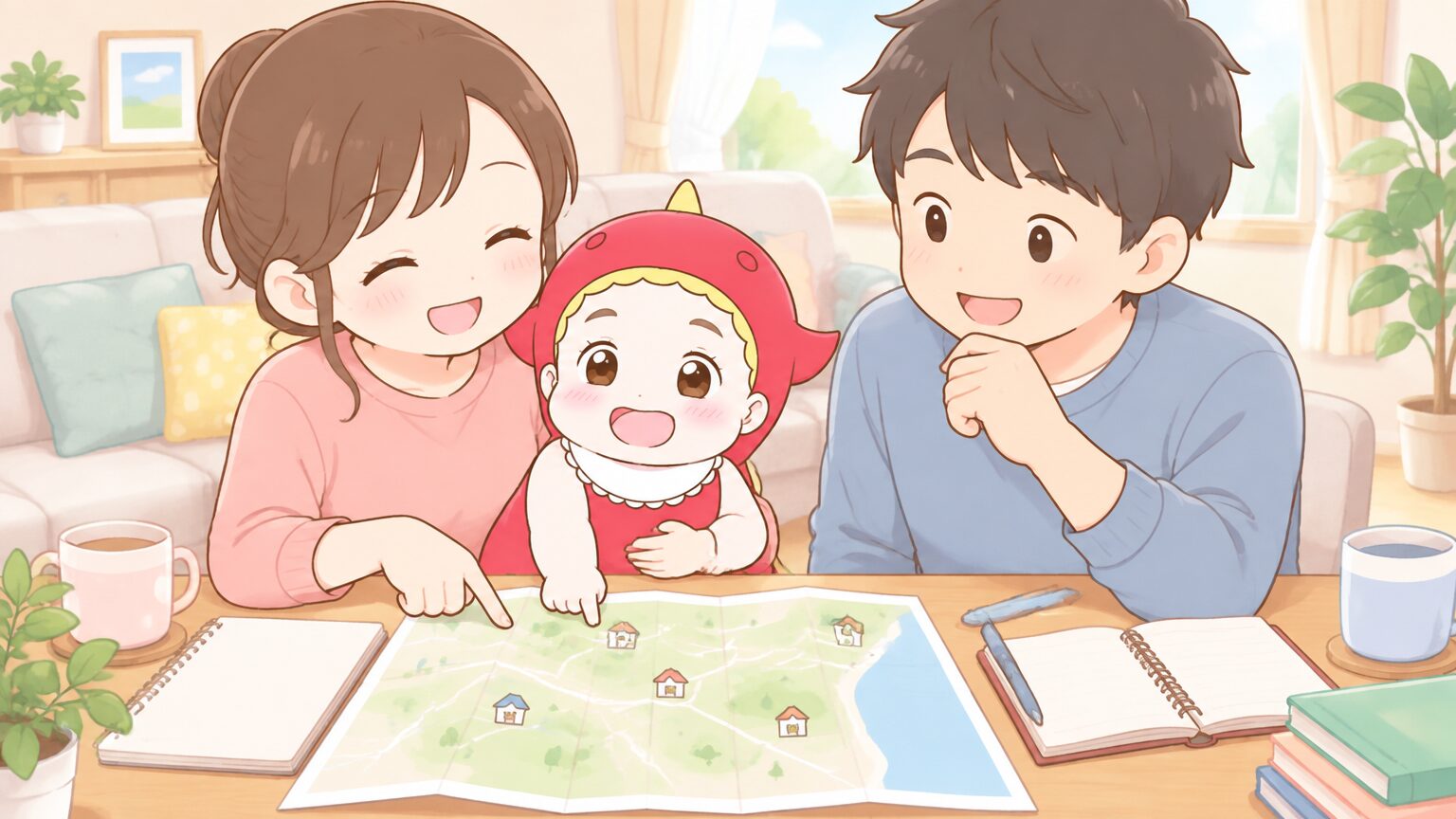 夫婦がリビングのテーブルで地図とノートを広げ、小さな子どもを膝に乗せながら引っ越し先について話し合っている様子