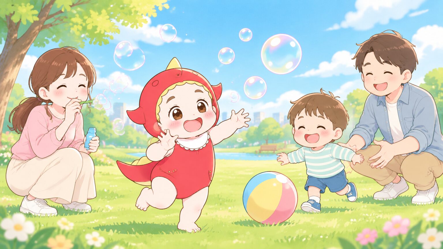 青空の下の広い公園で、親子がシャボン玉やボール遊びを楽しんでいる様子