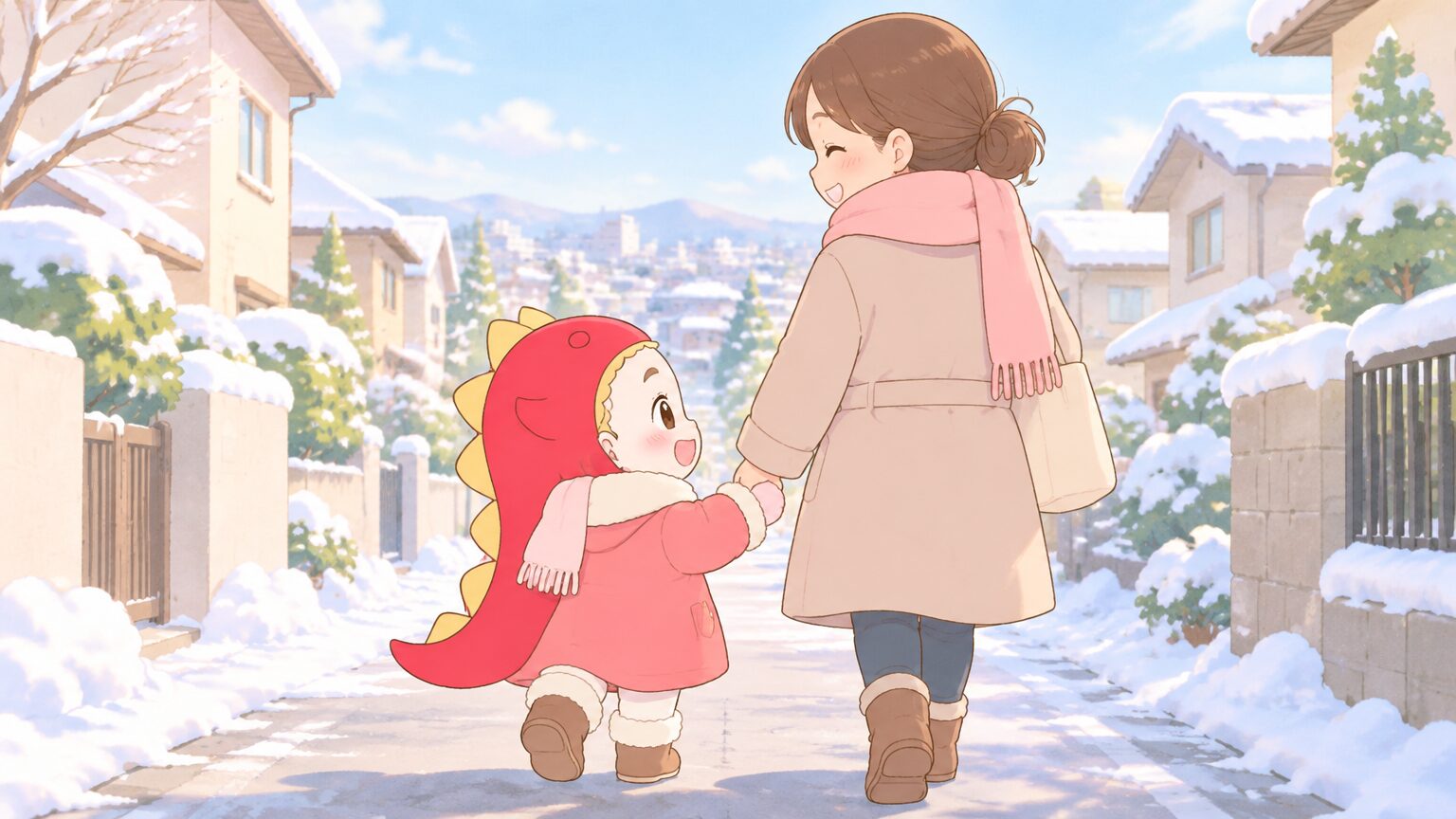 冬の朝、厚手のコートを着た幼児と手をつないで住宅街の道を歩くママの後ろ姿