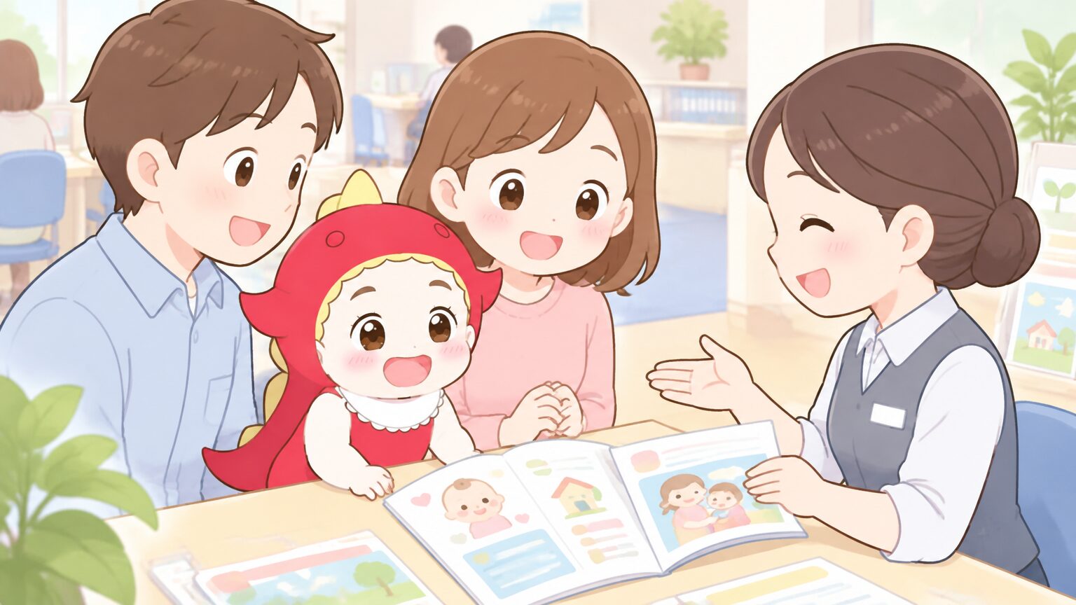 市役所の窓口で子育て支援の資料を見ながら職員に相談する夫婦と赤ちゃん
