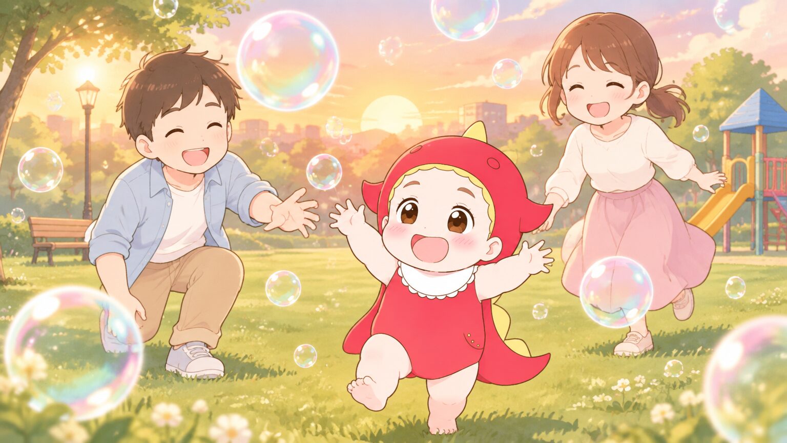 夕方の公園で、笑顔の親子がシャボン玉を追いかけて遊んでいる様子