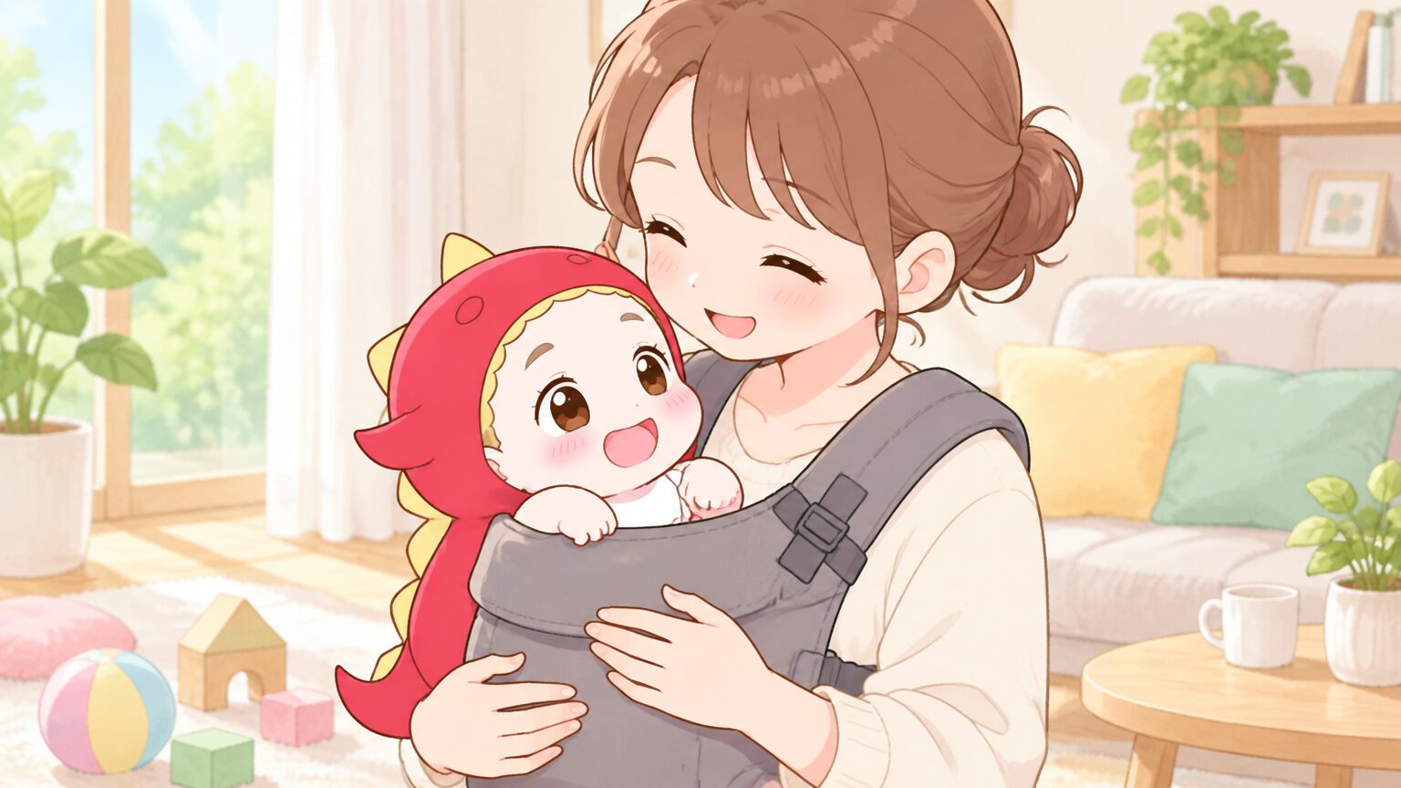 明るいリビングで、抱っこ紐に入った生後3か月ほどの赤ちゃんをやさしく見つめて微笑むママの様子