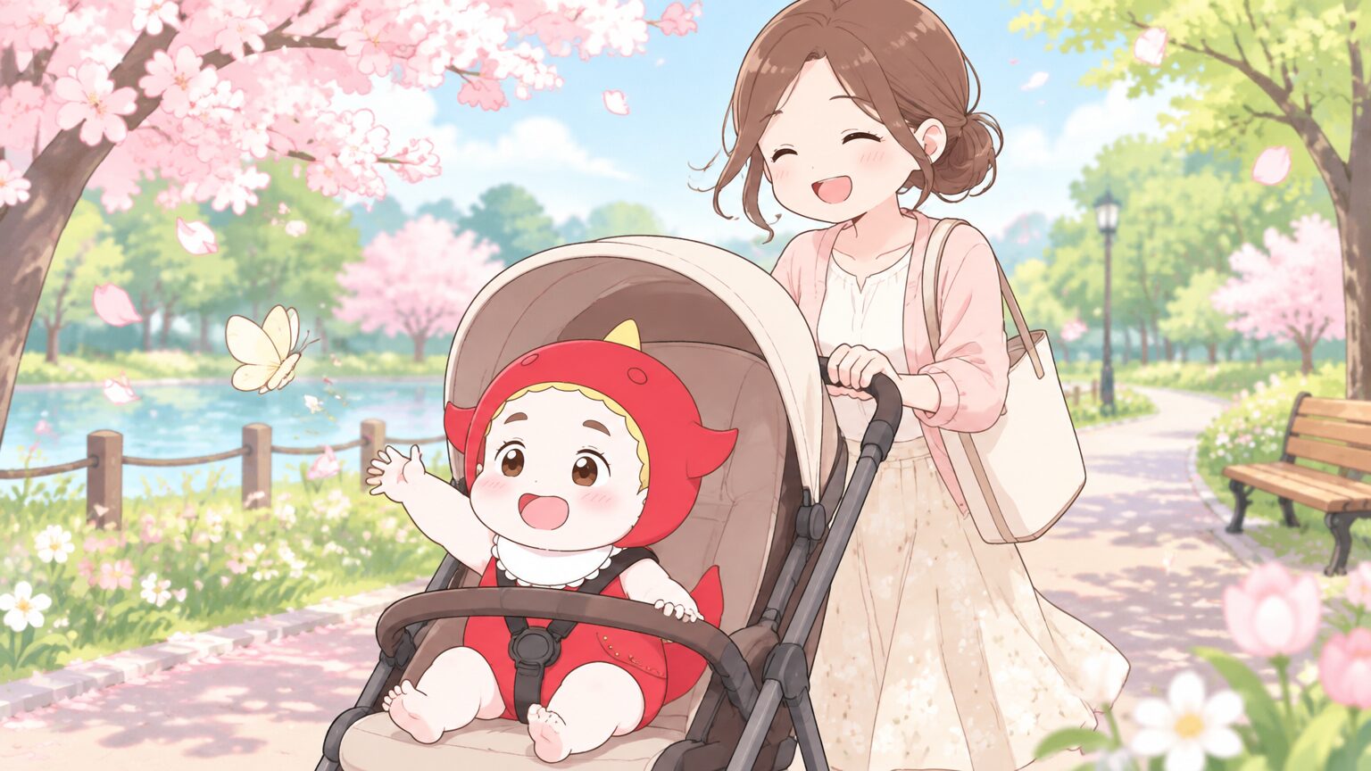 春の公園の遊歩道で、A型ベビーカーを押しながら笑顔で散歩する30代の母親と、ベビーカーから手を伸ばす赤ちゃん