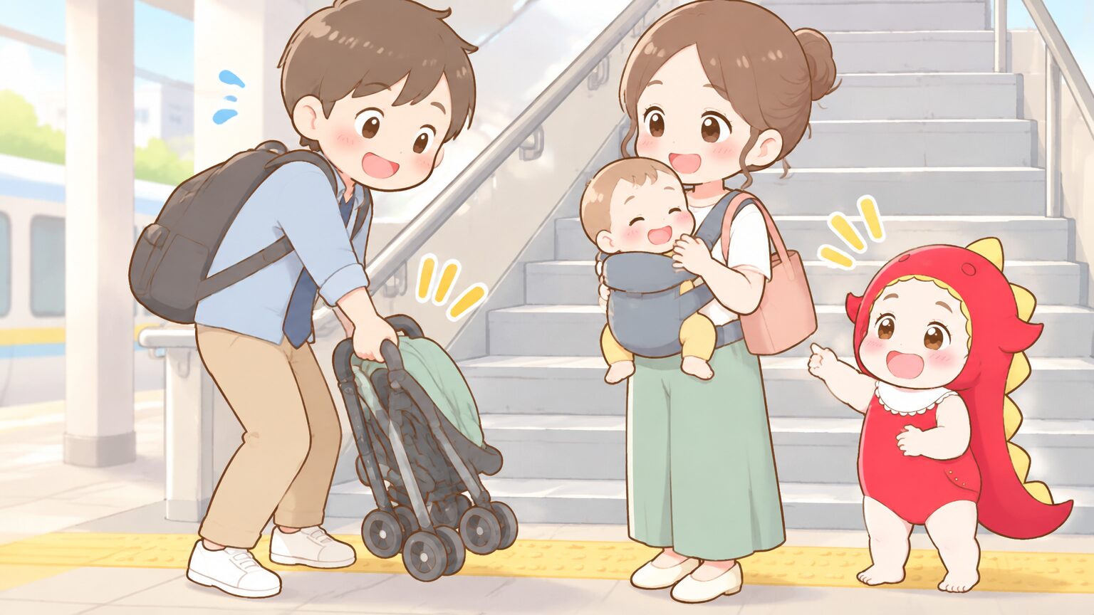 駅の階段の手前で、片手で軽量ベビーカーをたたんで持ち上げようとする父親と、抱っこひもで赤ちゃんを抱く母親