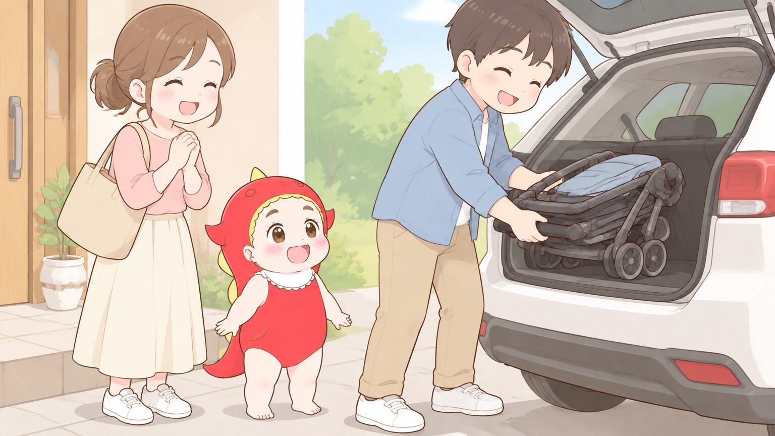 玄関先でコンパクトにたたんだB型ベビーカーを車のトランクに積み込む夫婦と、足元で見守る幼児