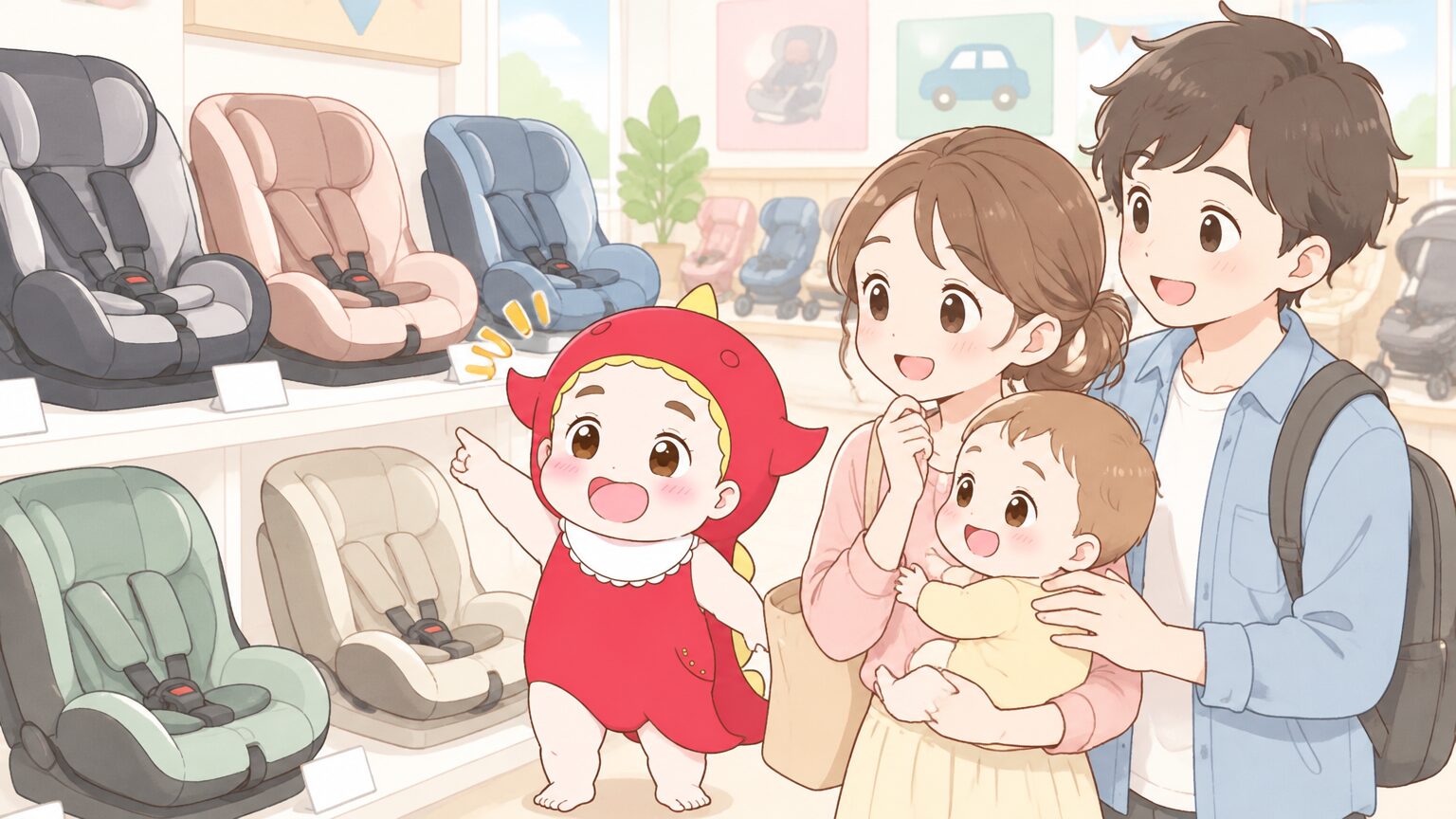 売り場に並ぶ複数メーカーのチャイルドシートを、赤ちゃんを抱いた夫婦が見比べている明るい店内の様子