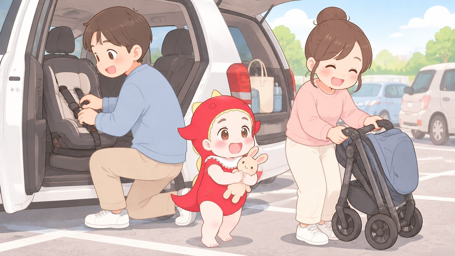 後部座席にチャイルドシートを取り付けるパパと、ベビーカーを折りたたむママの休日の駐車場の様子