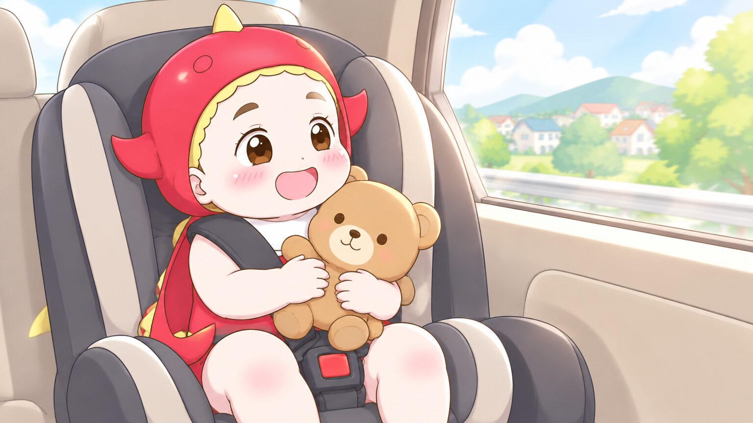 チャイルドシートに座ってお気に入りのぬいぐるみを抱え、笑顔で車窓を眺める1歳の赤ちゃん