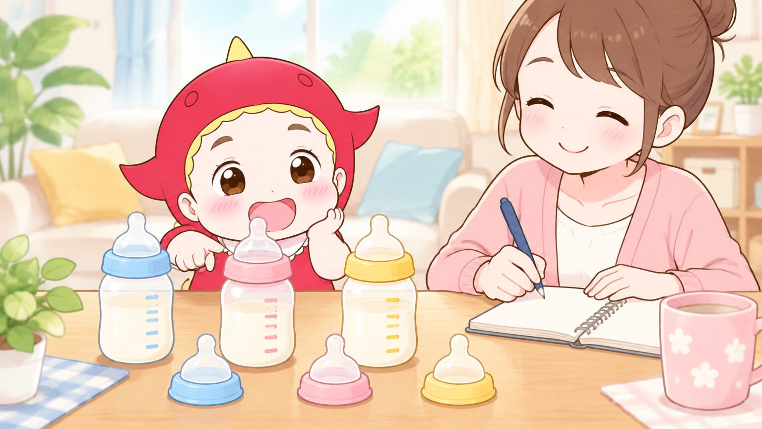 明るいリビングのテーブルに並んだ3種類の哺乳瓶と乳首、そばでメモを取る親の手元