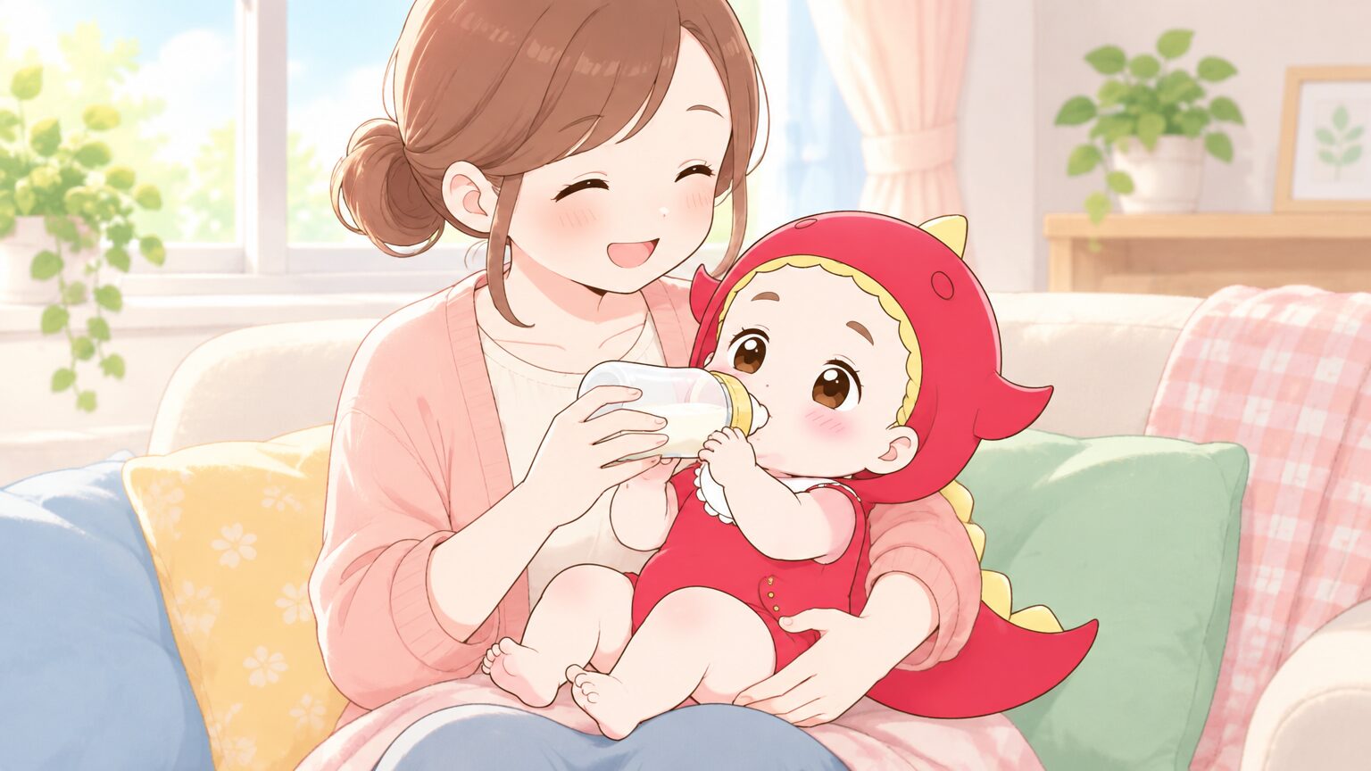 窓辺のソファで赤ちゃんに哺乳瓶でミルクをあげる母親、やわらかな自然光