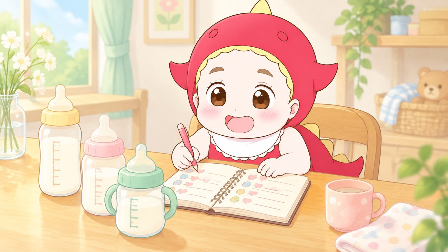 授乳記録をつけるノートと哺乳瓶が置かれたやさしい雰囲気のダイニングテーブル