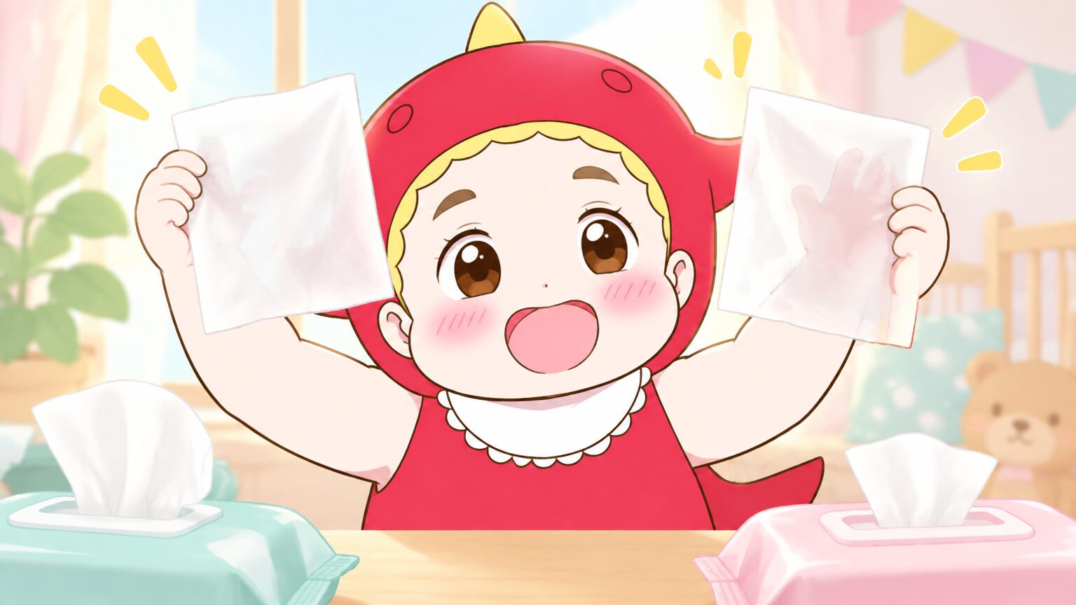 厚手と薄手のおしりふきを1枚ずつ並べて光に透かし、厚みを見比べている手元