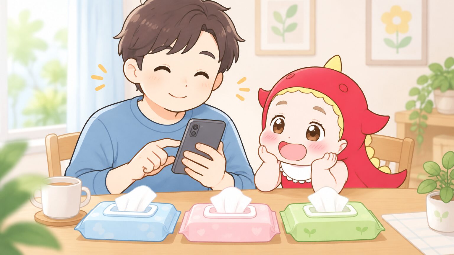 食卓のテーブルでスマートフォンに3種類のおしりふきの感想メモを入力している、リラックスした表情のパパ