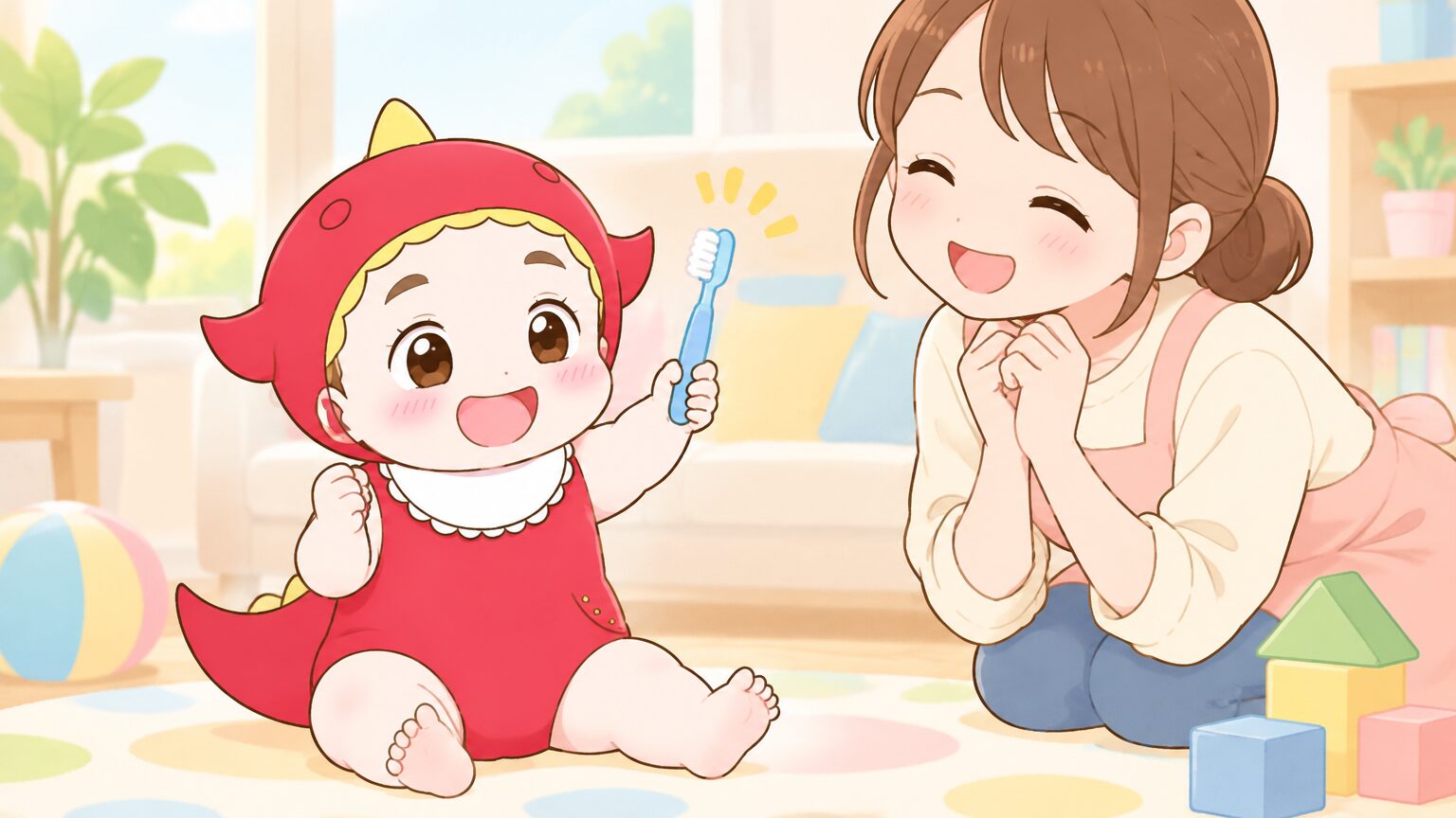 明るいリビングで、1歳の赤ちゃんがやわらかい歯ブラシを手に持ち、笑顔のお母さんに見守られている様子