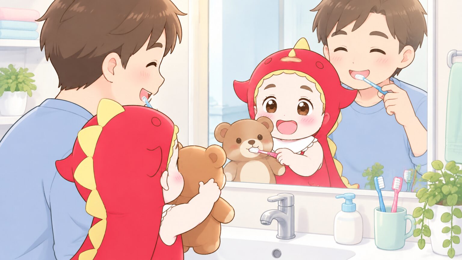 洗面所で、2歳の男の子がぬいぐるみに歯ブラシを当てるまねをしながら、お父さんと一緒に鏡を見て笑っている様子