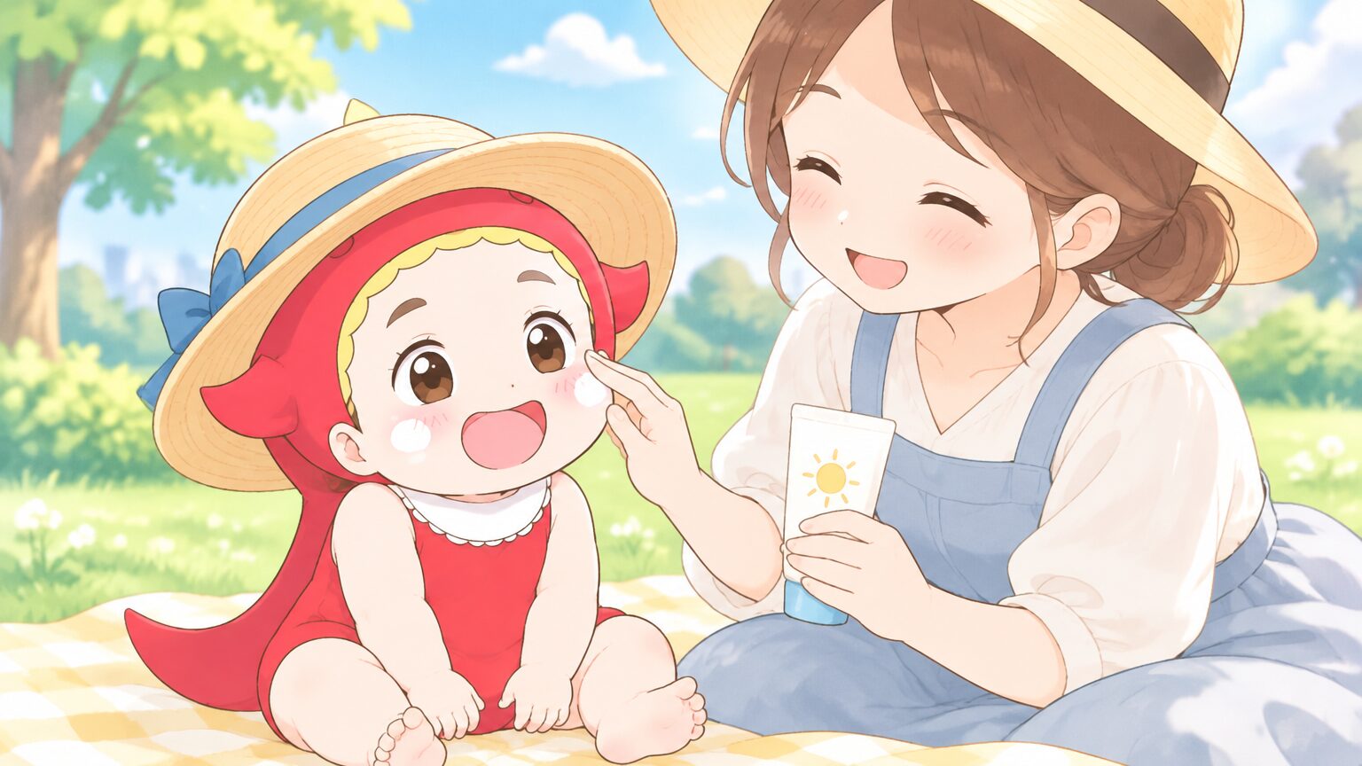 明るい公園の芝生で麦わら帽子をかぶった1歳の赤ちゃんが、笑顔のママにほっぺへ日焼け止めを塗ってもらっている様子